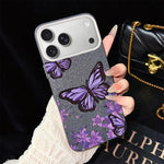 Custodia per telefono ibrida in PC e TPU con motivo farfalle viola e glitter IMD., For iPhone 17e / 16e, For iPhone 17 Pro Max, For iPhone 17 Pro, For iPhone 17, For iPhone Air, For iPhone 16 Pro Max