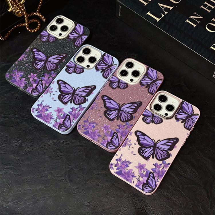Custodia per telefono ibrida in PC e TPU con motivo farfalle viola e glitter IMD., For iPhone 11 Pro Max, For iPhone 11, For iPhone 11 Pro, For iPhone XS / X, For iPhone XR, For iPhone XS Max