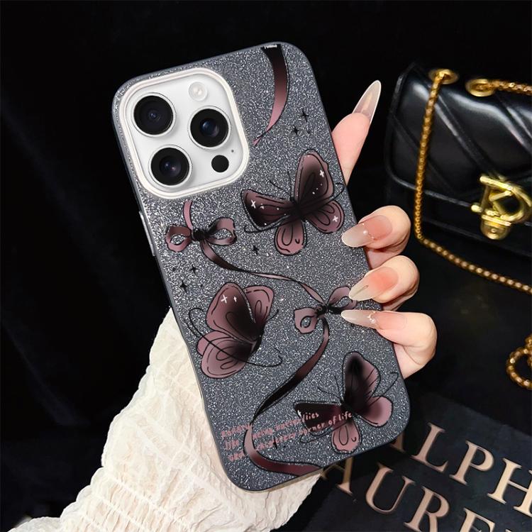 Custodia per telefono ibrida in PC e TPU con motivo a farfalle vorticose e glitter IMD., For iPhone 16 Pro, For iPhone 16 Plus, For iPhone 16, For iPhone 15 Pro Max, For iPhone 15 Pro, For iPhone 15 Plus