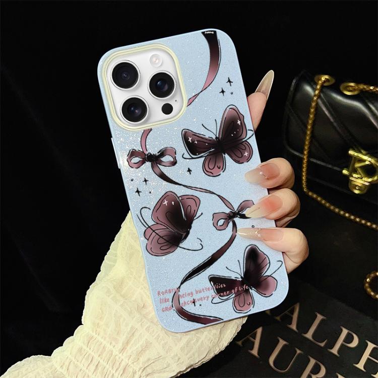 Custodia per telefono ibrida in PC e TPU con motivo a farfalle vorticose e glitter IMD., For iPhone 16 Pro, For iPhone 16 Plus, For iPhone 16, For iPhone 15 Pro Max, For iPhone 15 Pro, For iPhone 15 Plus