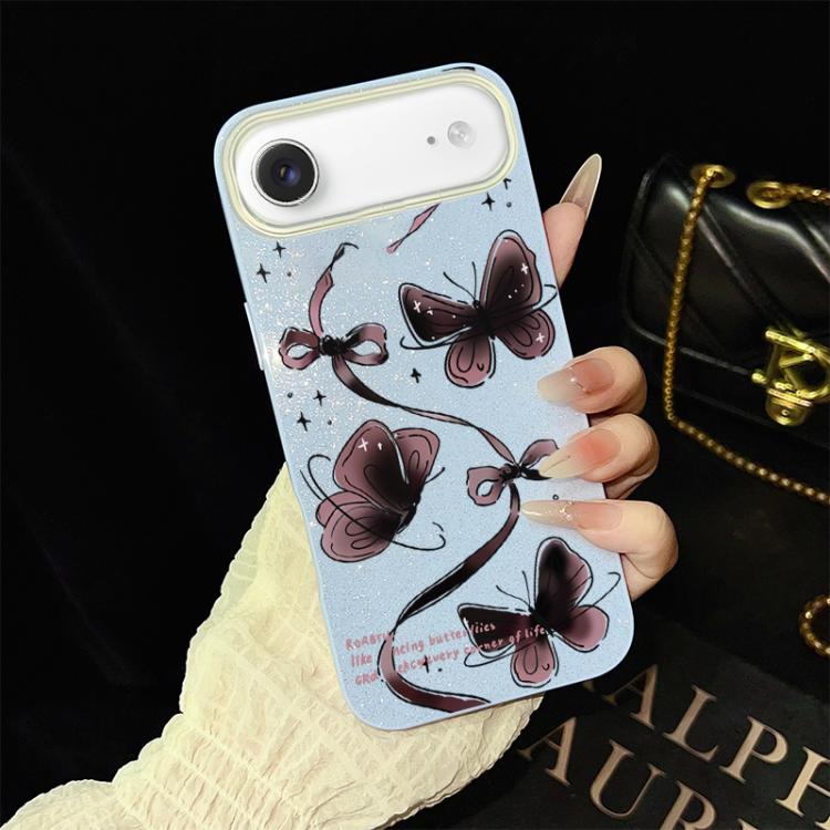 Custodia per telefono ibrida in PC e TPU con motivo a farfalle vorticose e glitter IMD., For iPhone 17e / 16e, For iPhone 17 Pro Max, For iPhone 17 Pro, For iPhone 17, For iPhone Air, For iPhone 16 Pro Max