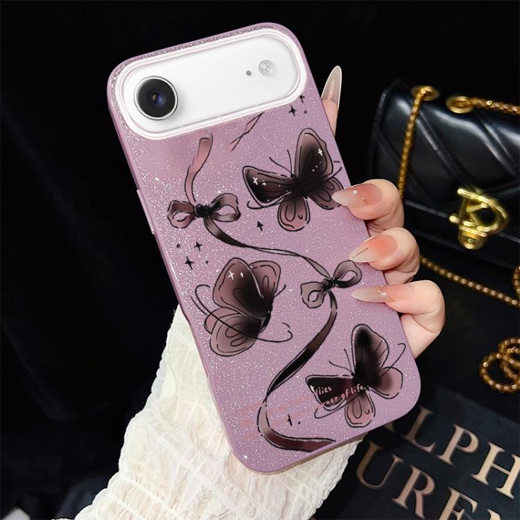 Custodia per telefono ibrida in PC e TPU con motivo a farfalle vorticose e glitter IMD., For iPhone 17e / 16e, For iPhone 17 Pro Max, For iPhone 17 Pro, For iPhone 17, For iPhone Air, For iPhone 16 Pro Max