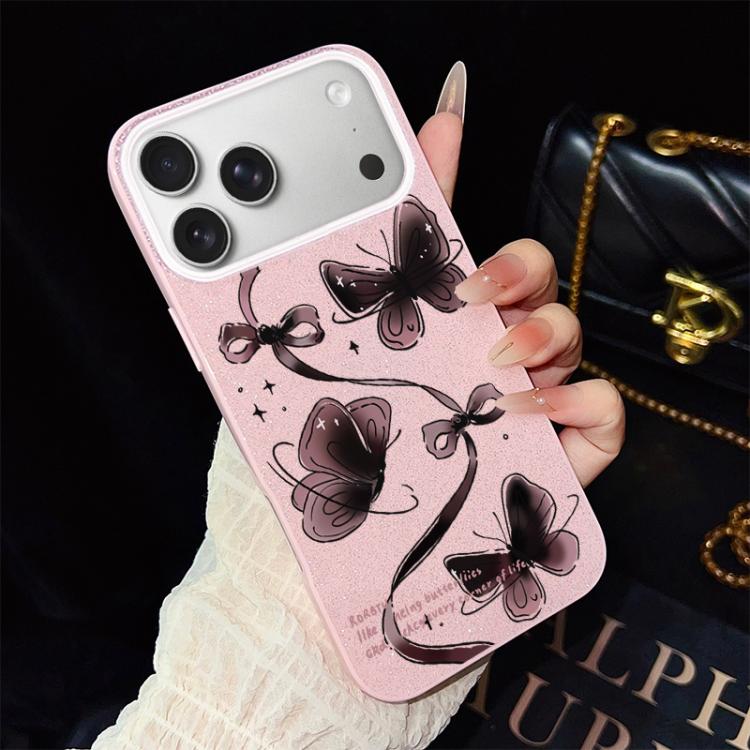 Custodia per telefono ibrida in PC e TPU con motivo a farfalle vorticose e glitter IMD., For iPhone 17e / 16e, For iPhone 17 Pro Max, For iPhone 17 Pro, For iPhone 17, For iPhone Air, For iPhone 16 Pro Max