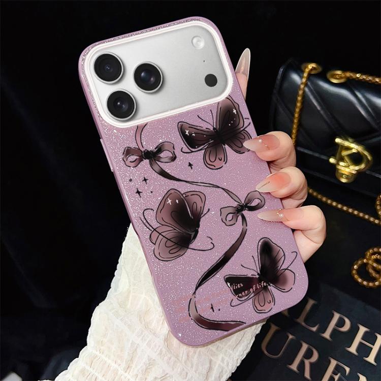 Custodia per telefono ibrida in PC e TPU con motivo a farfalle vorticose e glitter IMD., For iPhone 17e / 16e, For iPhone 17 Pro Max, For iPhone 17 Pro, For iPhone 17, For iPhone Air, For iPhone 16 Pro Max