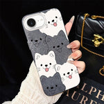 Custodia per telefono ibrida IMD in PC e TPU con motivo cucciolo lingua di fuori e glitter., For iPhone 17e / 16e, For iPhone 17 Pro Max, For iPhone 17 Pro, For iPhone 17, For iPhone Air, For iPhone 16 Pro Max