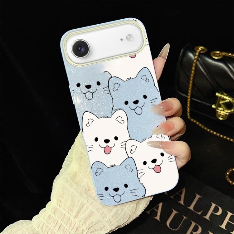 Custodia per telefono ibrida IMD in PC e TPU con motivo cucciolo lingua di fuori e glitter., For iPhone 17e / 16e, For iPhone 17 Pro Max, For iPhone 17 Pro, For iPhone 17, For iPhone Air, For iPhone 16 Pro Max