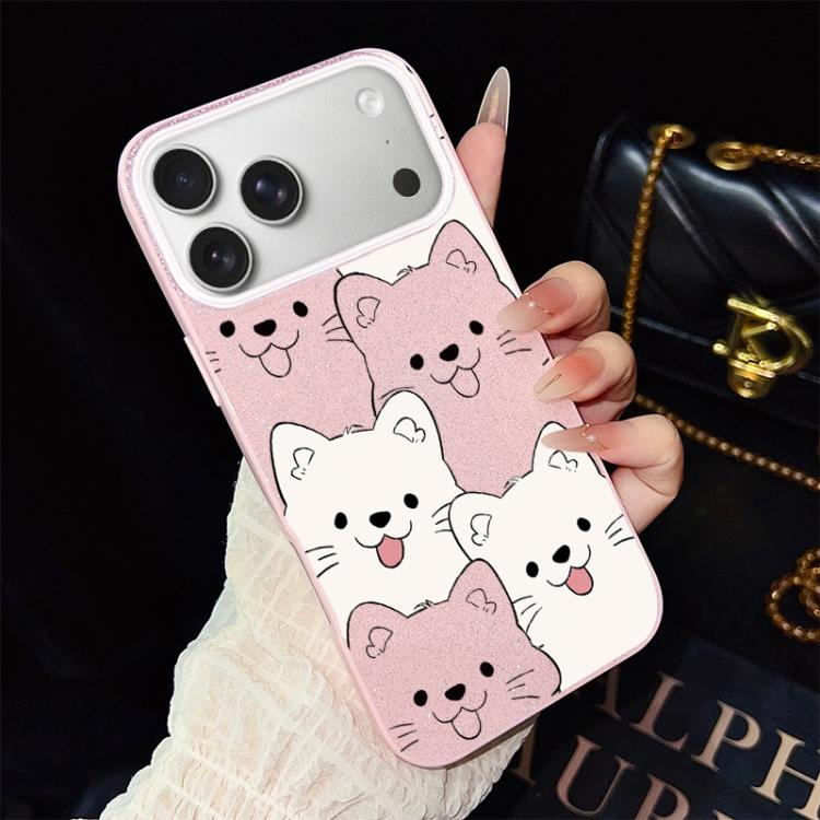 Custodia per telefono ibrida IMD in PC e TPU con motivo cucciolo lingua di fuori e glitter., For iPhone 17e / 16e, For iPhone 17 Pro Max, For iPhone 17 Pro, For iPhone 17, For iPhone Air, For iPhone 16 Pro Max