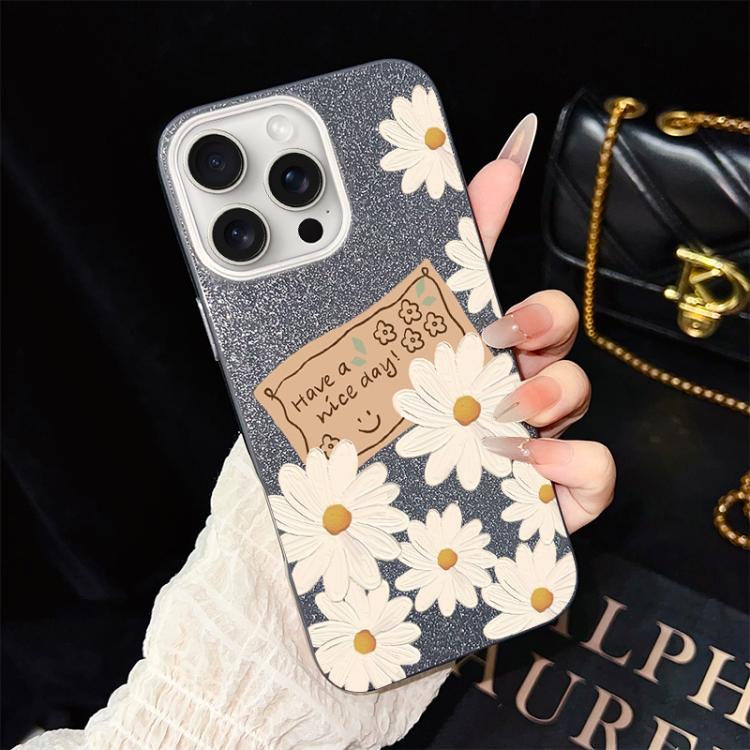 Custodia per telefono ibrida in PC e TPU con motivo crisantemo e glitter IMD., For iPhone 16 Pro, For iPhone 16 Plus, For iPhone 16, For iPhone 15 Pro Max, For iPhone 15 Pro, For iPhone 15 Plus