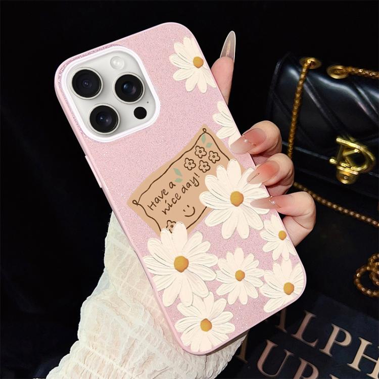 Custodia per telefono ibrida in PC e TPU con motivo crisantemo e glitter IMD., For iPhone 16 Pro, For iPhone 16 Plus, For iPhone 16, For iPhone 15 Pro Max, For iPhone 15 Pro, For iPhone 15 Plus