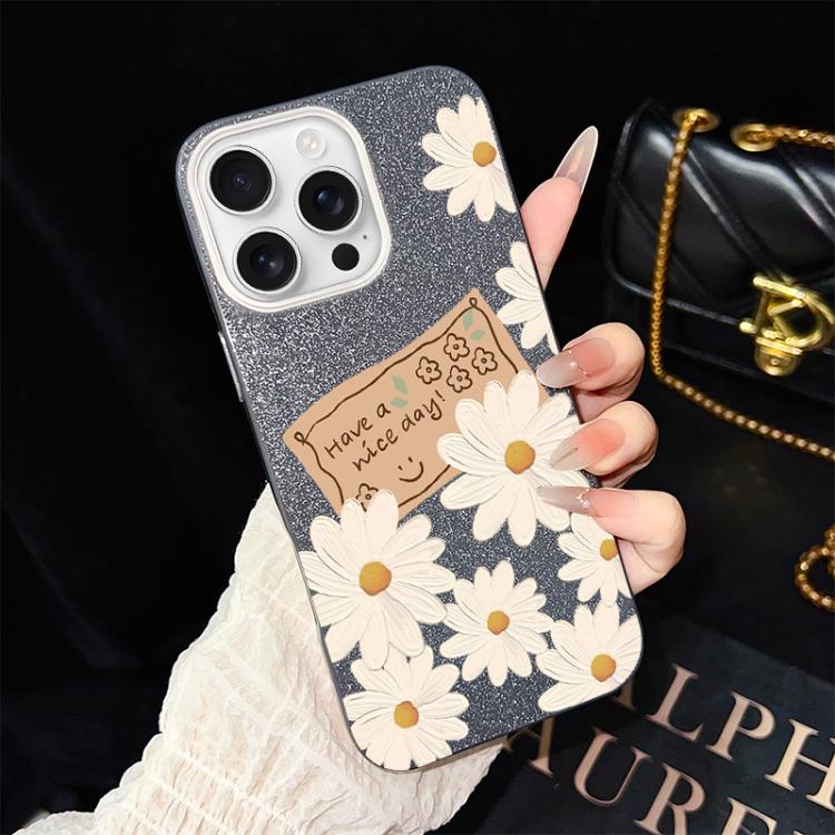 Custodia per telefono ibrida in PC e TPU con motivo crisantemo e glitter IMD., For iPhone 17e / 16e, For iPhone 17 Pro Max, For iPhone 17 Pro, For iPhone 17, For iPhone Air, For iPhone 16 Pro Max