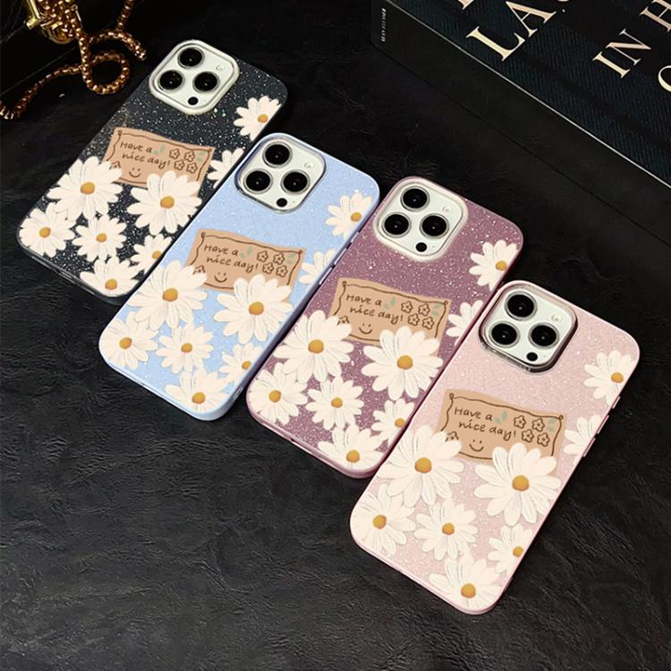 Custodia per telefono ibrida in PC e TPU con motivo crisantemo e glitter IMD., For iPhone 16 Pro, For iPhone 16 Plus, For iPhone 16, For iPhone 15 Pro Max, For iPhone 15 Pro, For iPhone 15 Plus