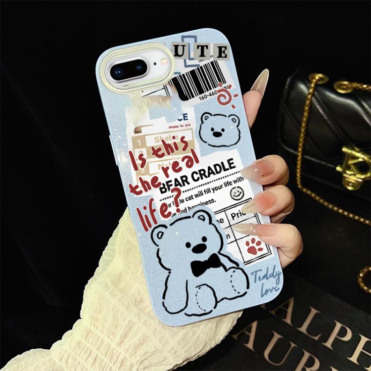Custodia per telefono ibrida in PC e TPU con motivo orsetto di giornale e glitter IMD., For iPhone 8 Plus / 7 Plus, For iPhone 6 Plus / 6s Plus, For iPhone 6 / 6s