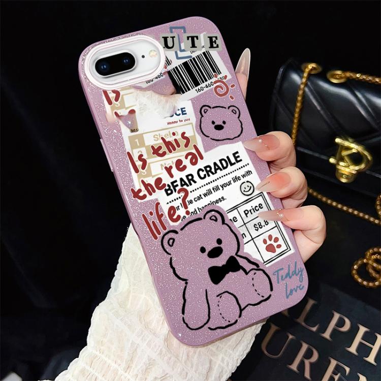 Custodia per telefono ibrida in PC e TPU con motivo orsetto di giornale e glitter IMD., For iPhone 8 Plus / 7 Plus, For iPhone 6 Plus / 6s Plus, For iPhone 6 / 6s