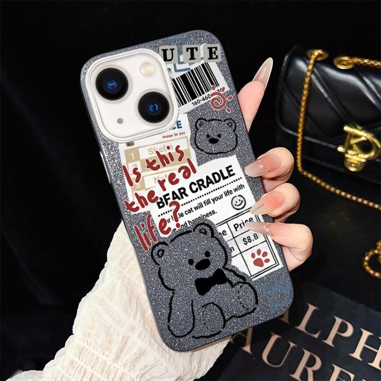 Custodia per telefono ibrida in PC e TPU con motivo orsetto di giornale e glitter IMD., For iPhone 13 Pro Max, For iPhone 13 Pro, For iPhone 13, For iPhone 12, For iPhone 12 Pro Max, For iPhone 12 Pro