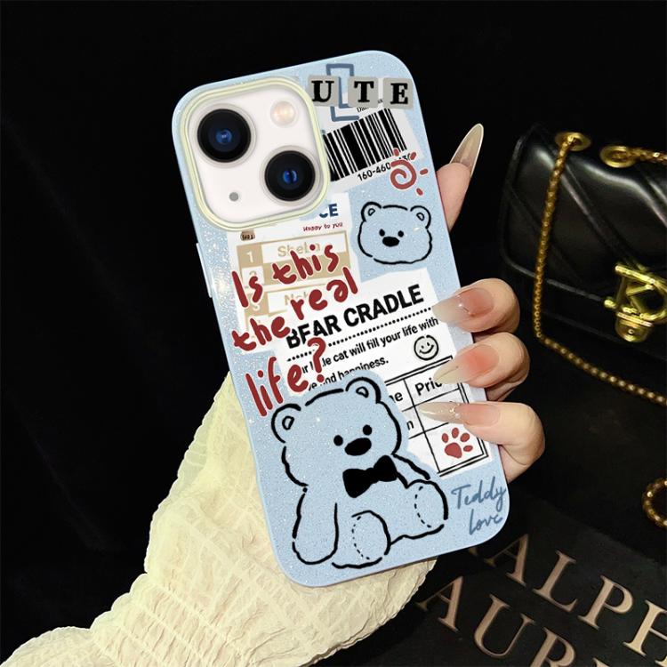 Custodia per telefono ibrida in PC e TPU con motivo orsetto di giornale e glitter IMD., For iPhone 13 Pro Max, For iPhone 13 Pro, For iPhone 13, For iPhone 12, For iPhone 12 Pro Max, For iPhone 12 Pro