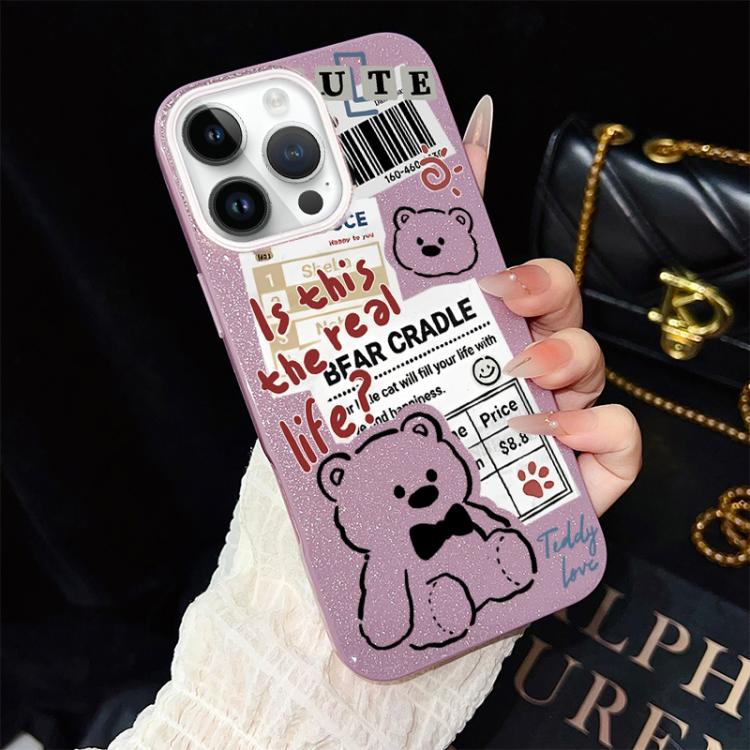 Custodia per telefono ibrida in PC e TPU con motivo orsetto di giornale e glitter IMD., For iPhone 13 Pro Max, For iPhone 13 Pro, For iPhone 13, For iPhone 12, For iPhone 12 Pro Max, For iPhone 12 Pro