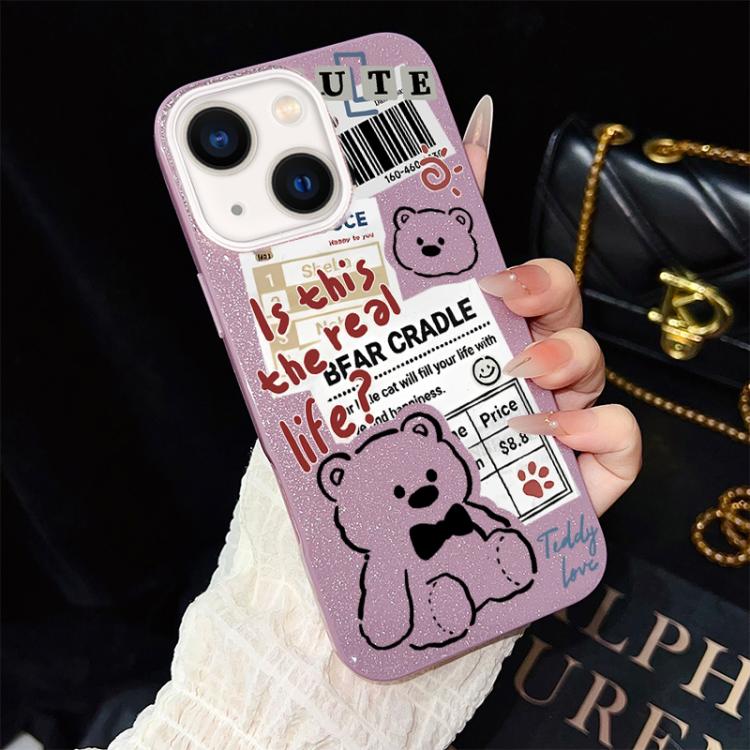 Custodia per telefono ibrida in PC e TPU con motivo orsetto di giornale e glitter IMD., For iPhone 15, For iPhone 14 Plus, For iPhone 14, For iPhone 14 Pro, For iPhone 14 Pro Max, For iPhone SE 2022 / SE 2020