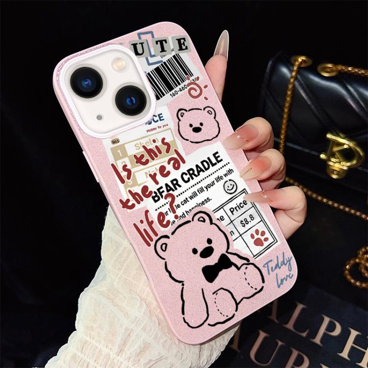 Custodia per telefono ibrida in PC e TPU con motivo orsetto di giornale e glitter IMD., For iPhone 15, For iPhone 14 Plus, For iPhone 14, For iPhone 14 Pro, For iPhone 14 Pro Max, For iPhone SE 2022 / SE 2020