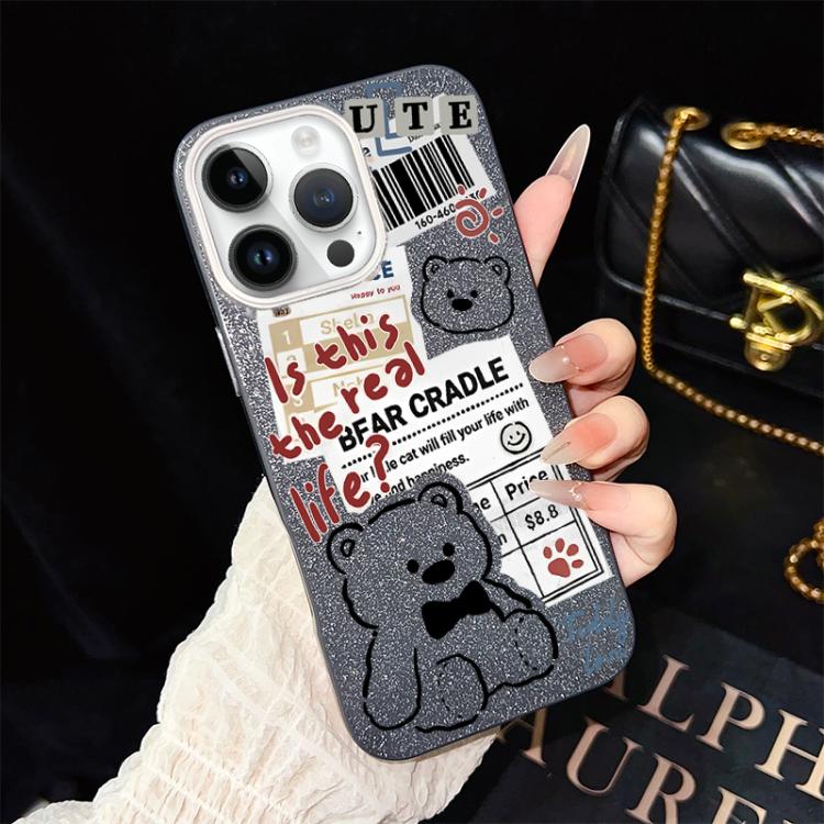 Custodia per telefono ibrida in PC e TPU con motivo orsetto di giornale e glitter IMD., For iPhone 15, For iPhone 14 Plus, For iPhone 14, For iPhone 14 Pro, For iPhone 14 Pro Max, For iPhone SE 2022 / SE 2020