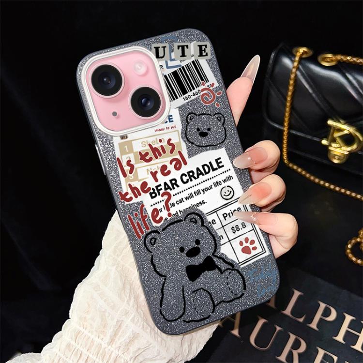 Custodia per telefono ibrida in PC e TPU con motivo orsetto di giornale e glitter IMD., For iPhone 15, For iPhone 14 Plus, For iPhone 14, For iPhone 14 Pro, For iPhone 14 Pro Max, For iPhone SE 2022 / SE 2020