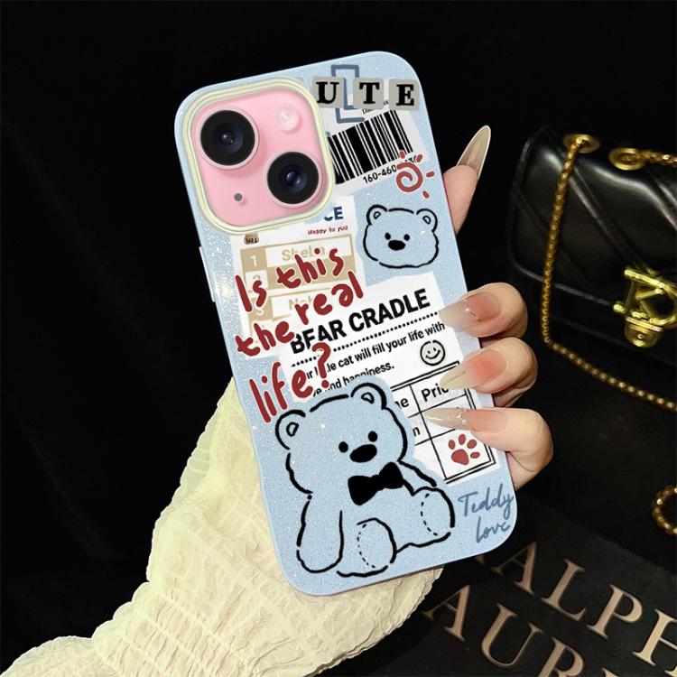 Custodia per telefono ibrida in PC e TPU con motivo orsetto di giornale e glitter IMD., For iPhone 16 Pro, For iPhone 16 Plus, For iPhone 16, For iPhone 15 Pro Max, For iPhone 15 Pro, For iPhone 15 Plus