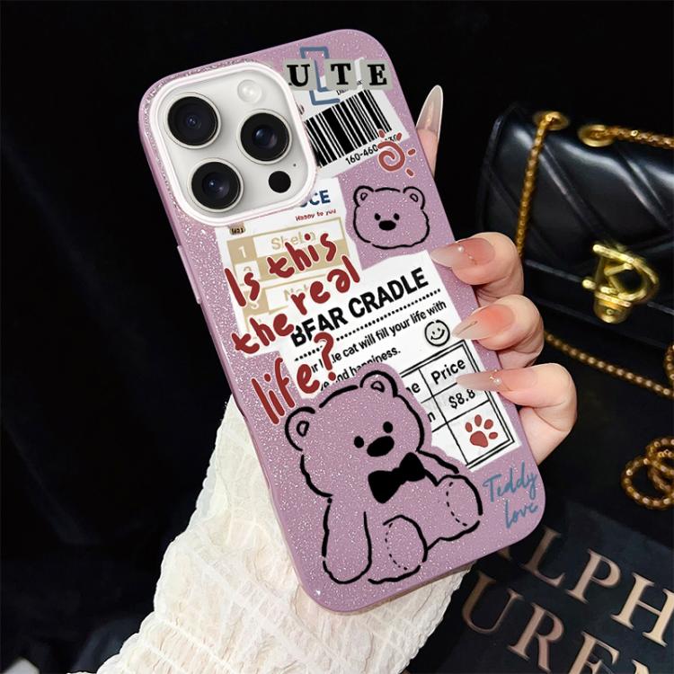 Custodia per telefono ibrida in PC e TPU con motivo orsetto di giornale e glitter IMD., For iPhone 16 Pro, For iPhone 16 Plus, For iPhone 16, For iPhone 15 Pro Max, For iPhone 15 Pro, For iPhone 15 Plus