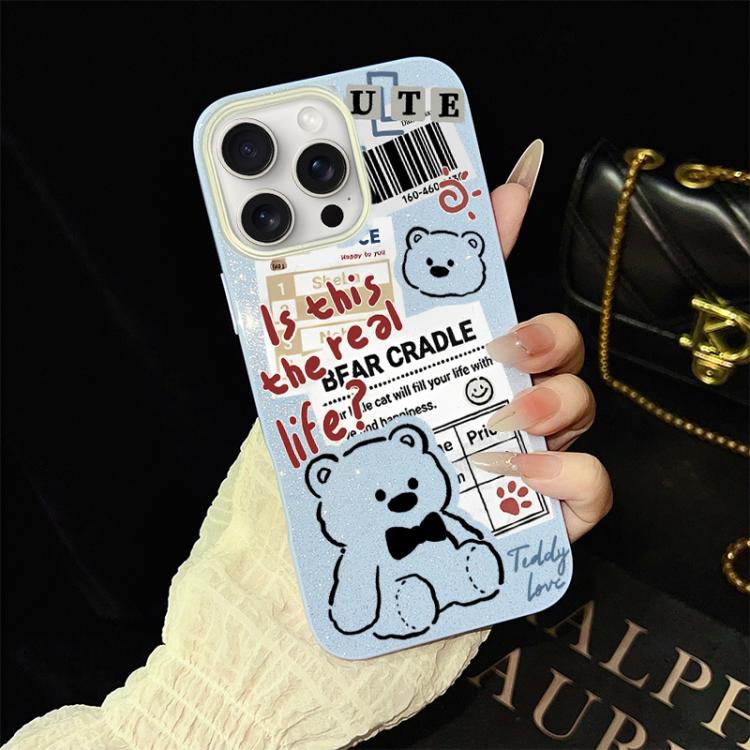 Custodia per telefono ibrida in PC e TPU con motivo orsetto di giornale e glitter IMD., For iPhone 16 Pro, For iPhone 16 Plus, For iPhone 16, For iPhone 15 Pro Max, For iPhone 15 Pro, For iPhone 15 Plus