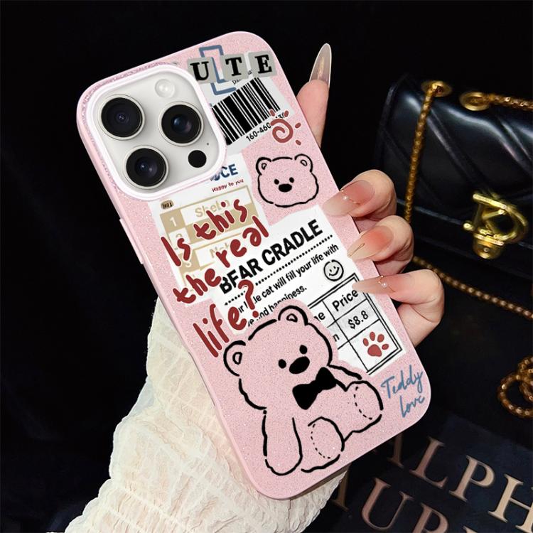 Custodia per telefono ibrida in PC e TPU con motivo orsetto di giornale e glitter IMD., For iPhone 16 Pro, For iPhone 16 Plus, For iPhone 16, For iPhone 15 Pro Max, For iPhone 15 Pro, For iPhone 15 Plus