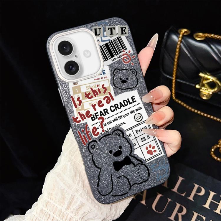 Custodia per telefono ibrida in PC e TPU con motivo orsetto di giornale e glitter IMD., For iPhone 16 Pro, For iPhone 16 Plus, For iPhone 16, For iPhone 15 Pro Max, For iPhone 15 Pro, For iPhone 15 Plus
