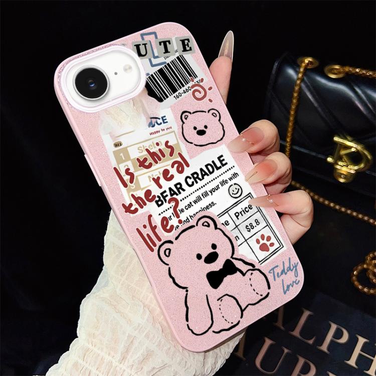 Custodia per telefono ibrida in PC e TPU con motivo orsetto di giornale e glitter IMD., For iPhone 17e / 16e, For iPhone 17 Pro Max, For iPhone 17 Pro, For iPhone 17, For iPhone Air, For iPhone 16 Pro Max