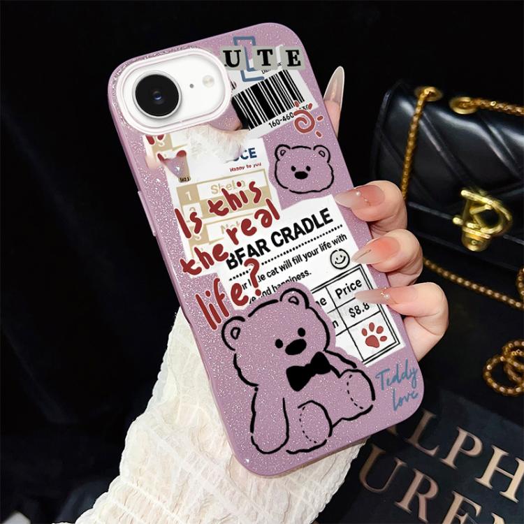 Custodia per telefono ibrida in PC e TPU con motivo orsetto di giornale e glitter IMD., For iPhone 17e / 16e, For iPhone 17 Pro Max, For iPhone 17 Pro, For iPhone 17, For iPhone Air, For iPhone 16 Pro Max