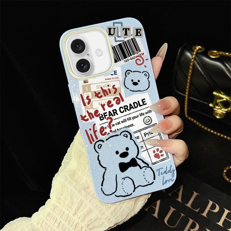 Custodia per telefono ibrida in PC e TPU con motivo orsetto di giornale e glitter IMD., For iPhone 17e / 16e, For iPhone 17 Pro Max, For iPhone 17 Pro, For iPhone 17, For iPhone Air, For iPhone 16 Pro Max