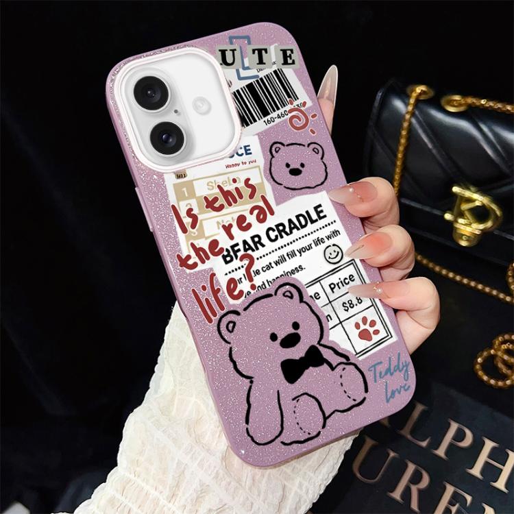 Custodia per telefono ibrida in PC e TPU con motivo orsetto di giornale e glitter IMD., For iPhone 17e / 16e, For iPhone 17 Pro Max, For iPhone 17 Pro, For iPhone 17, For iPhone Air, For iPhone 16 Pro Max