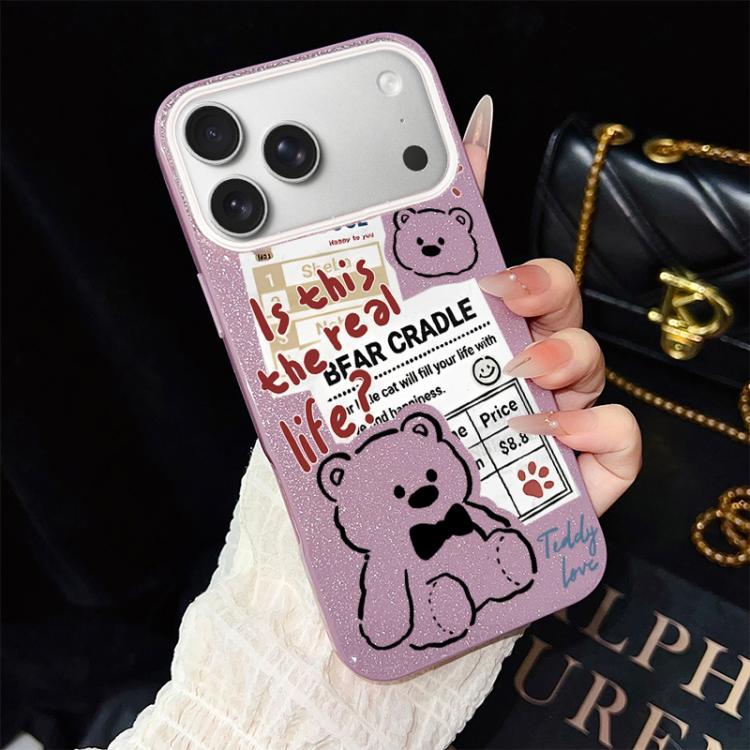 Custodia per telefono ibrida in PC e TPU con motivo orsetto di giornale e glitter IMD., For iPhone 17e / 16e, For iPhone 17 Pro Max, For iPhone 17 Pro, For iPhone 17, For iPhone Air, For iPhone 16 Pro Max
