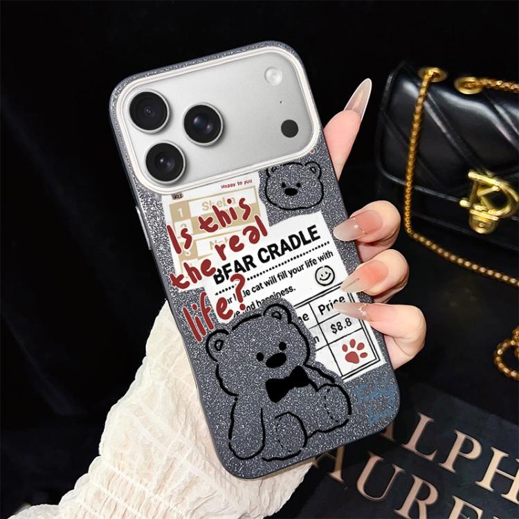 Custodia per telefono ibrida in PC e TPU con motivo orsetto di giornale e glitter IMD., For iPhone 17e / 16e, For iPhone 17 Pro Max, For iPhone 17 Pro, For iPhone 17, For iPhone Air, For iPhone 16 Pro Max