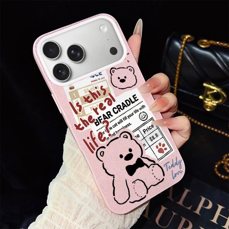 Custodia per telefono ibrida in PC e TPU con motivo orsetto di giornale e glitter IMD., For iPhone 17e / 16e, For iPhone 17 Pro Max, For iPhone 17 Pro, For iPhone 17, For iPhone Air, For iPhone 16 Pro Max