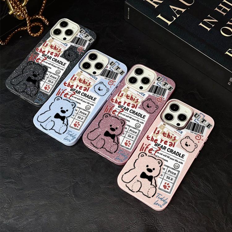 Custodia per telefono ibrida in PC e TPU con motivo orsetto di giornale e glitter IMD., For iPhone 15, For iPhone 14 Plus, For iPhone 14, For iPhone 14 Pro, For iPhone 14 Pro Max, For iPhone SE 2022 / SE 2020