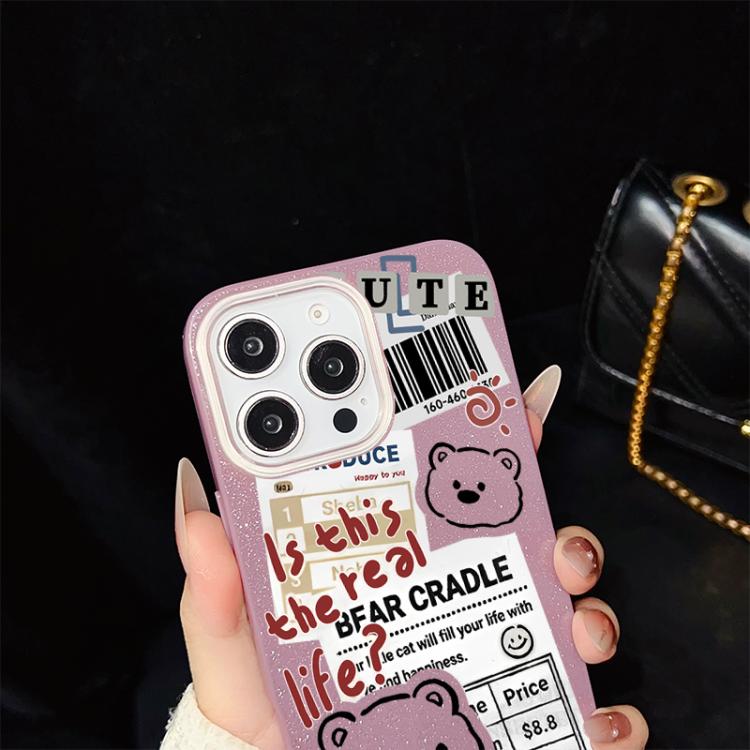 Custodia per telefono ibrida in PC e TPU con motivo orsetto di giornale e glitter IMD., For iPhone 15, For iPhone 14 Plus, For iPhone 14, For iPhone 14 Pro, For iPhone 14 Pro Max, For iPhone SE 2022 / SE 2020