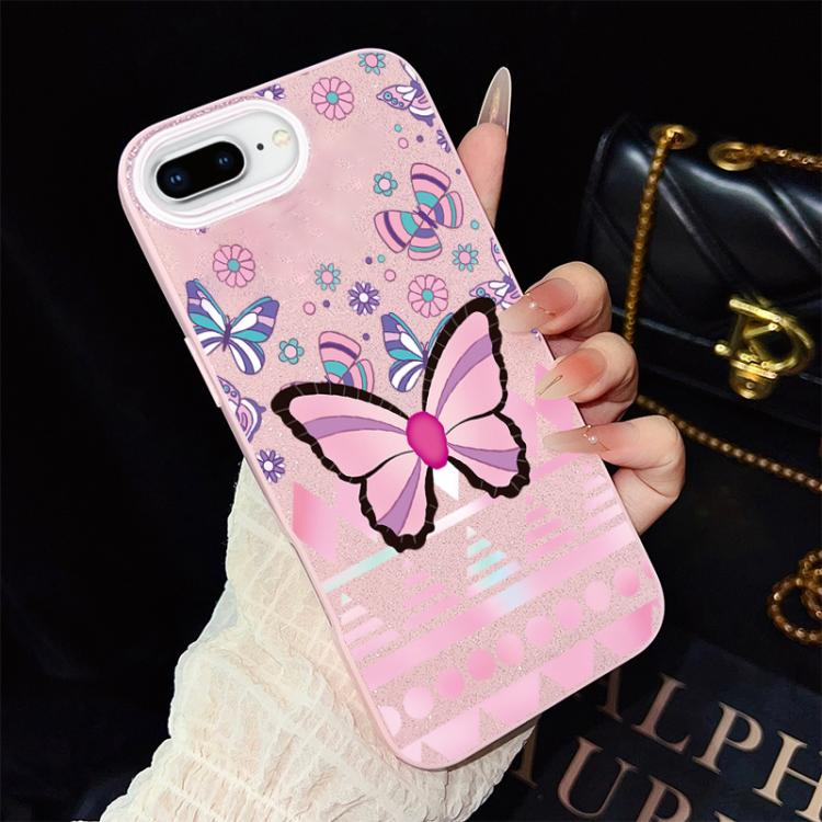 Custodia per telefono ibrida in PC e TPU con glitter IMD e motivo a farfalle rosa., For iPhone 8 Plus / 7 Plus, For iPhone 6 Plus / 6s Plus, For iPhone 6 / 6s
