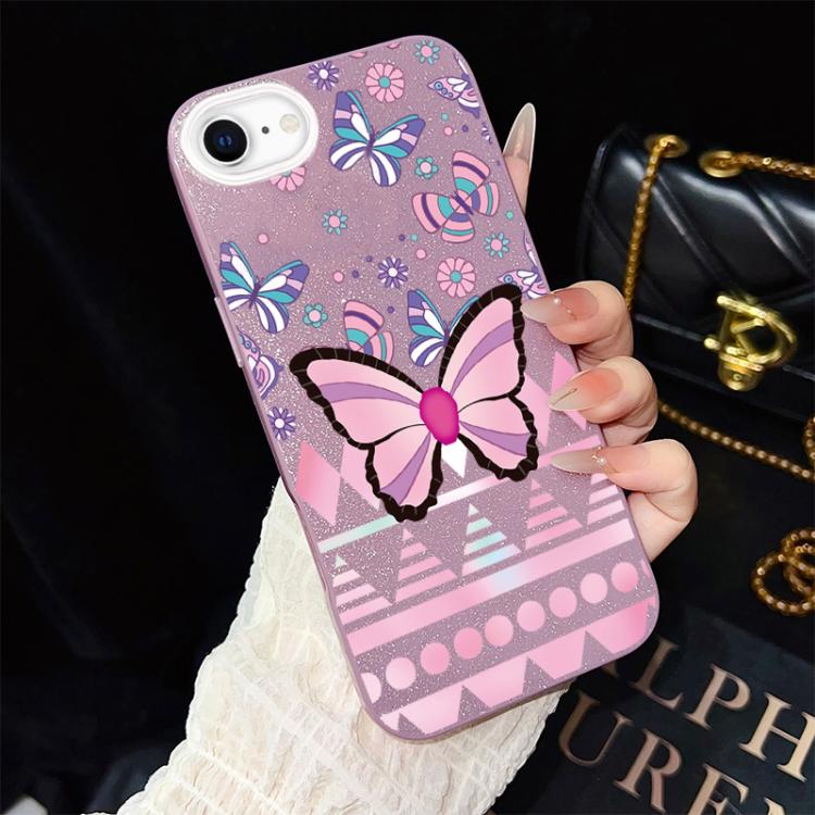 Custodia per telefono ibrida in PC e TPU con glitter IMD e motivo a farfalle rosa., For iPhone 15, For iPhone 14 Plus, For iPhone 14, For iPhone 14 Pro, For iPhone 14 Pro Max, For iPhone SE 2022 / SE 2020