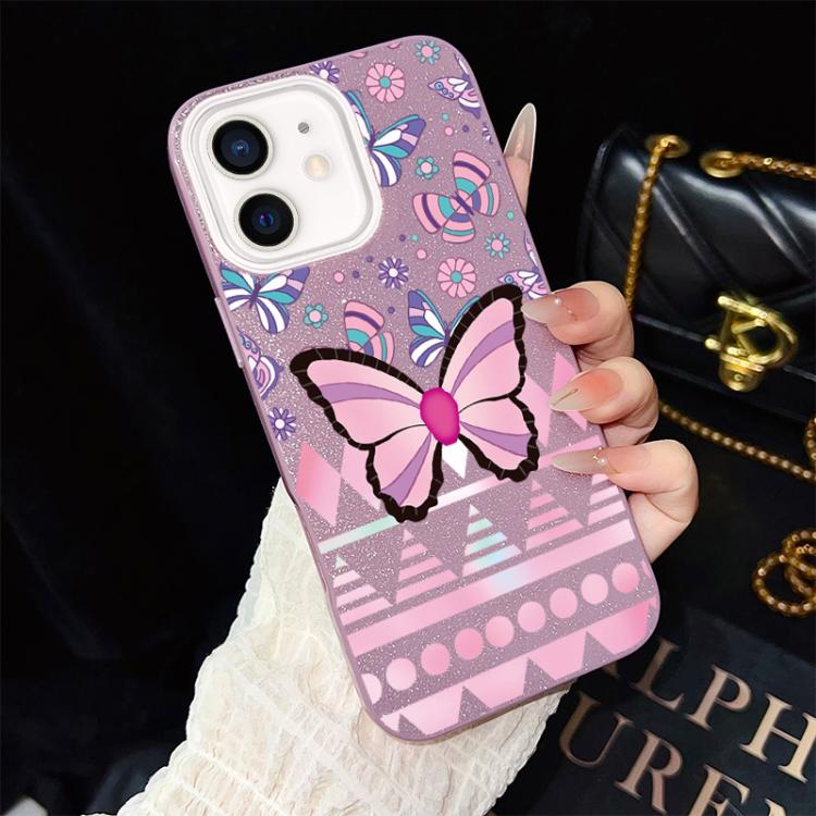 Custodia per telefono ibrida in PC e TPU con glitter IMD e motivo a farfalle rosa., For iPhone 13 Pro Max, For iPhone 13 Pro, For iPhone 13, For iPhone 12, For iPhone 12 Pro Max, For iPhone 12 Pro