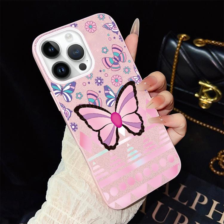 Custodia per telefono ibrida in PC e TPU con glitter IMD e motivo a farfalle rosa., For iPhone 13 Pro Max, For iPhone 13 Pro, For iPhone 13, For iPhone 12, For iPhone 12 Pro Max, For iPhone 12 Pro