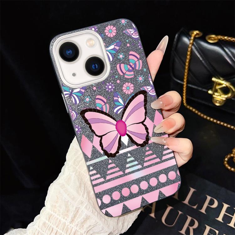 Custodia per telefono ibrida in PC e TPU con glitter IMD e motivo a farfalle rosa., For iPhone 15, For iPhone 14 Plus, For iPhone 14, For iPhone 14 Pro, For iPhone 14 Pro Max, For iPhone SE 2022 / SE 2020
