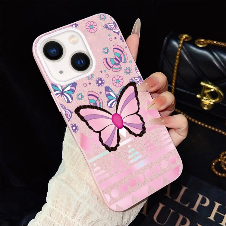 Custodia per telefono ibrida in PC e TPU con glitter IMD e motivo a farfalle rosa., For iPhone 15, For iPhone 14 Plus, For iPhone 14, For iPhone 14 Pro, For iPhone 14 Pro Max, For iPhone SE 2022 / SE 2020