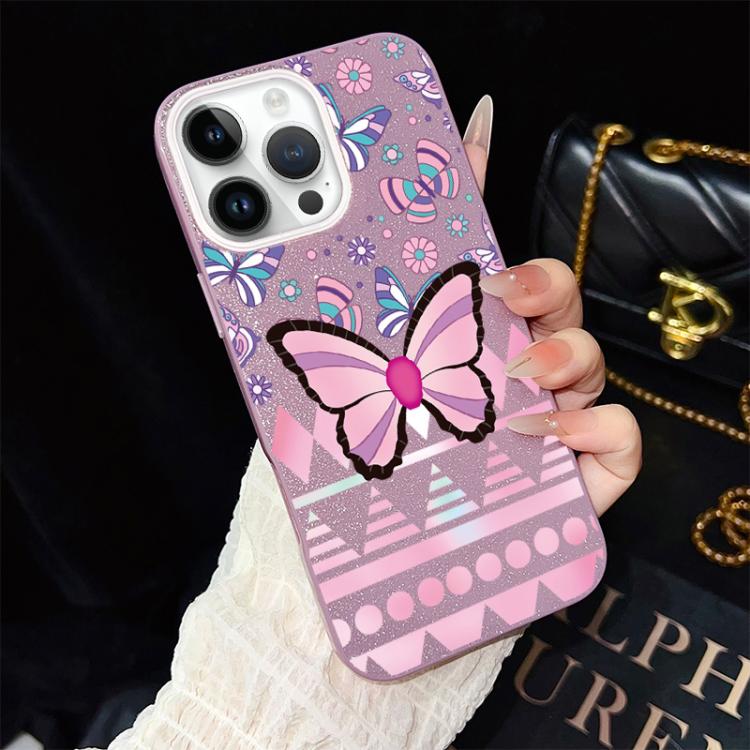 Custodia per telefono ibrida in PC e TPU con glitter IMD e motivo a farfalle rosa., For iPhone 15, For iPhone 14 Plus, For iPhone 14, For iPhone 14 Pro, For iPhone 14 Pro Max, For iPhone SE 2022 / SE 2020