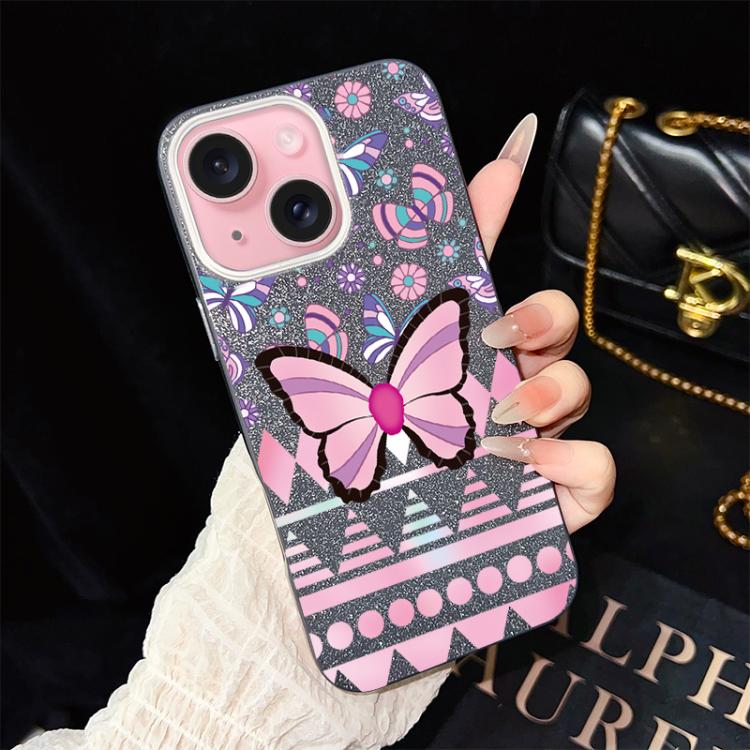Custodia per telefono ibrida in PC e TPU con glitter IMD e motivo a farfalle rosa., For iPhone 15, For iPhone 14 Plus, For iPhone 14, For iPhone 14 Pro, For iPhone 14 Pro Max, For iPhone SE 2022 / SE 2020
