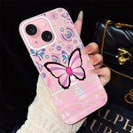 Custodia per telefono ibrida in PC e TPU con glitter IMD e motivo a farfalle rosa., For iPhone 15, For iPhone 14 Plus, For iPhone 14, For iPhone 14 Pro, For iPhone 14 Pro Max, For iPhone SE 2022 / SE 2020