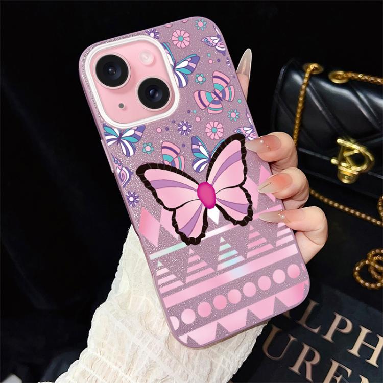 Custodia per telefono ibrida in PC e TPU con glitter IMD e motivo a farfalle rosa., For iPhone 15, For iPhone 14 Plus, For iPhone 14, For iPhone 14 Pro, For iPhone 14 Pro Max, For iPhone SE 2022 / SE 2020