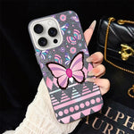 Custodia per telefono ibrida in PC e TPU con glitter IMD e motivo a farfalle rosa., For iPhone 16 Pro, For iPhone 16 Plus, For iPhone 16, For iPhone 15 Pro Max, For iPhone 15 Pro, For iPhone 15 Plus