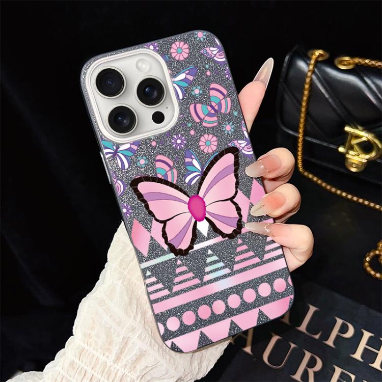 Custodia per telefono ibrida in PC e TPU con glitter IMD e motivo a farfalle rosa., For iPhone 16 Pro, For iPhone 16 Plus, For iPhone 16, For iPhone 15 Pro Max, For iPhone 15 Pro, For iPhone 15 Plus
